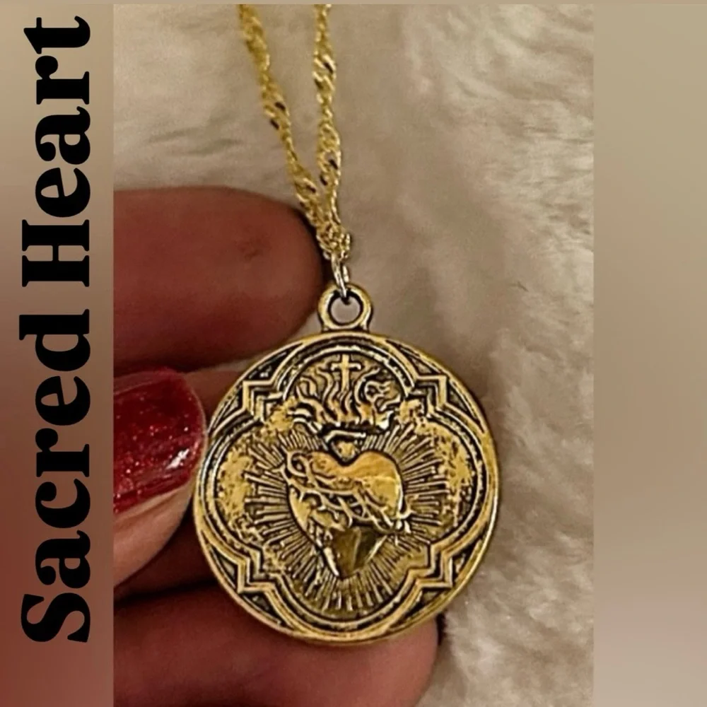 Gold Sacred Heart Pendant Necklace 16 inch - Picture 2 of 6